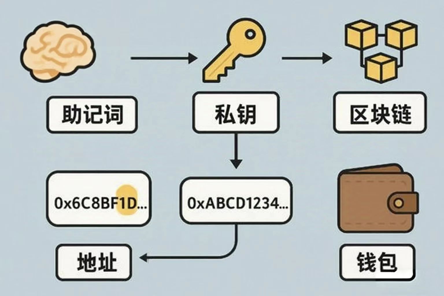 助记词，私钥，地址，区块链，和钱包之间的基础知识与关系